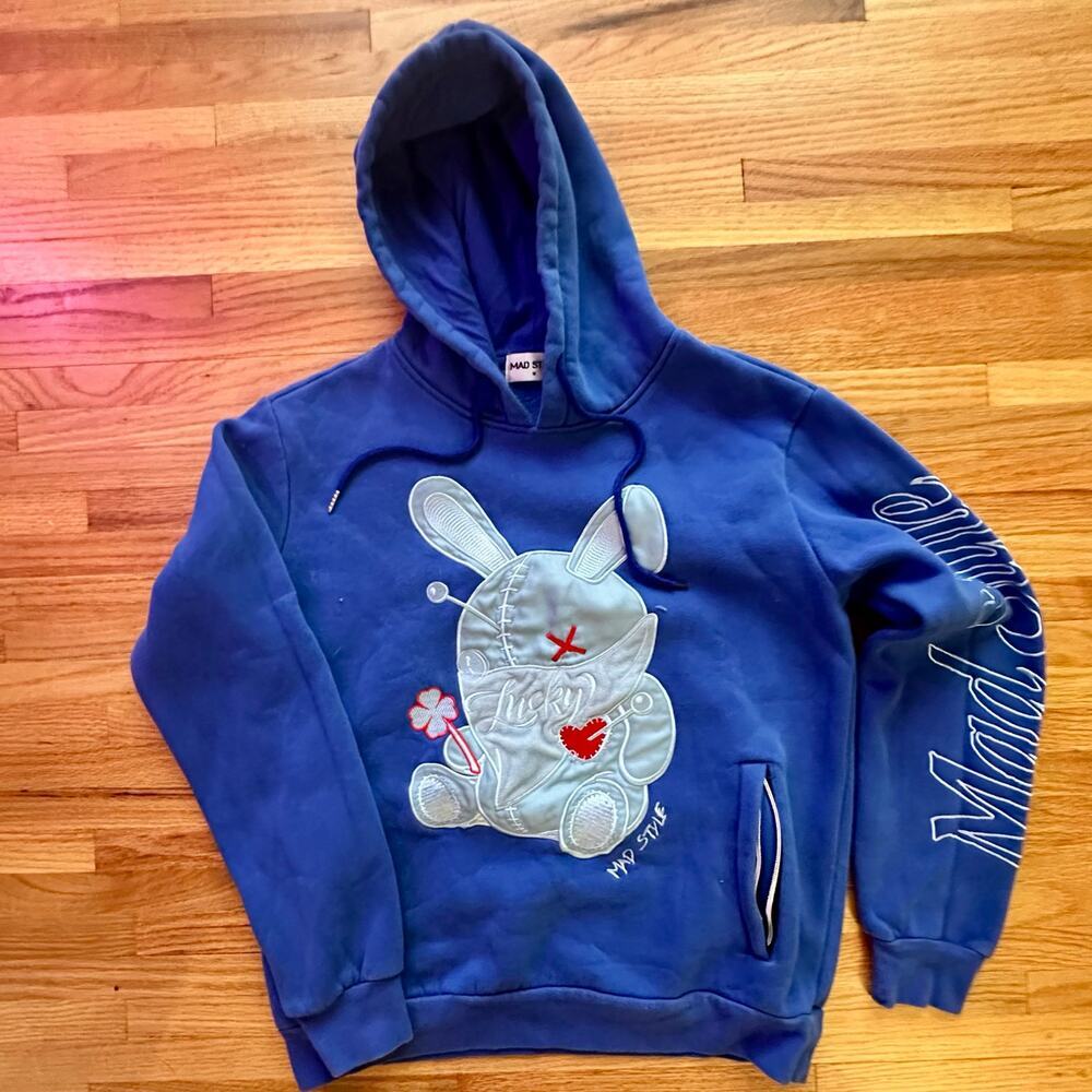 MAD STYLE x Womens Mens Blue Graphic Hooded Sweatshirt‎ Size M - Picture 2 of 8